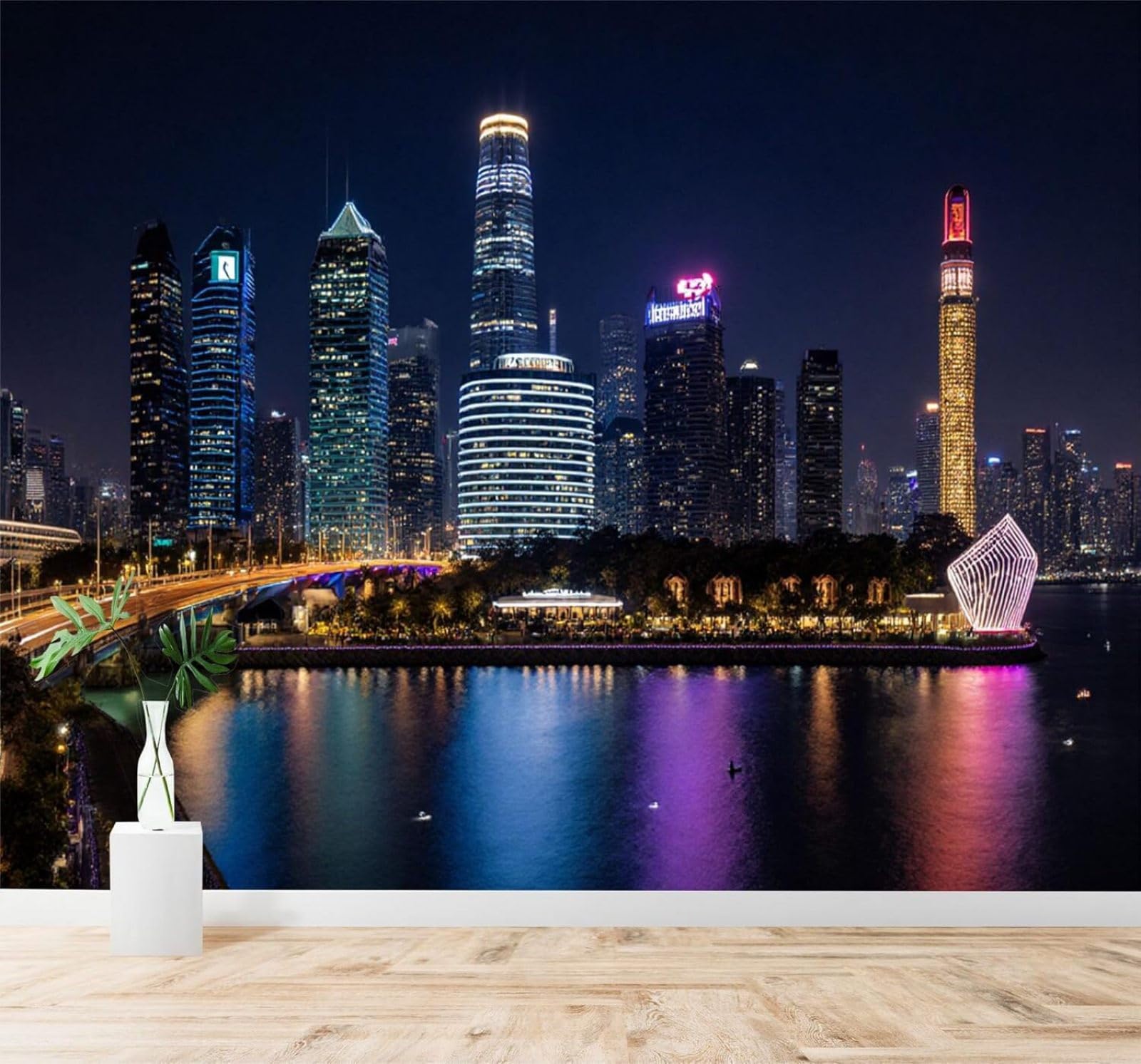 XLMING City Architecture Rivers Bridges Night Lights Reflections 3D Wallpaper Silky Texture Home Study Office Grey Dining Room Sofa Bedroom Living Room TV Backdrop-300cm×210cm