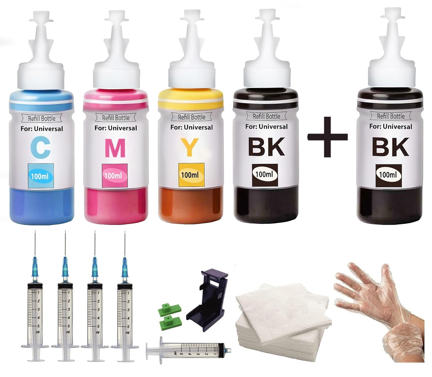 PG-47/ CL-57S Cartridge Refill Ink Suction Tool kit for HP, Canon Printers (100ml x 2 Bottle/Black+ 3 Bottle/Color + 4 Syringe + Suction Tool Kit + Handgloves + Tissue Paper)