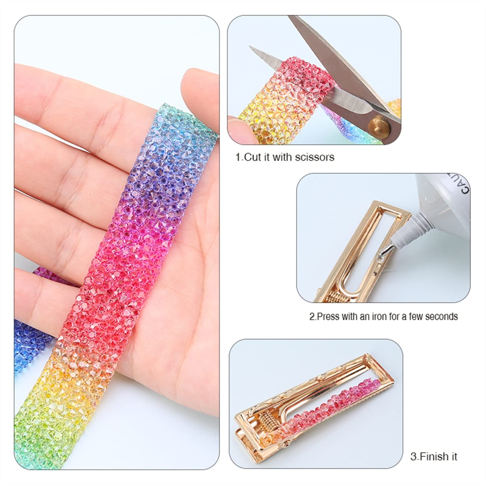ACiyD Mehrzweck 4 Rollen Regenbogen-Strassband Trim Kristall Trim Nähband DIY Strass für Dekorationen Kleidungsstück Zubehör für Geschenkverpackungen Handwerk (Color : Rainbow) (Rainbow)