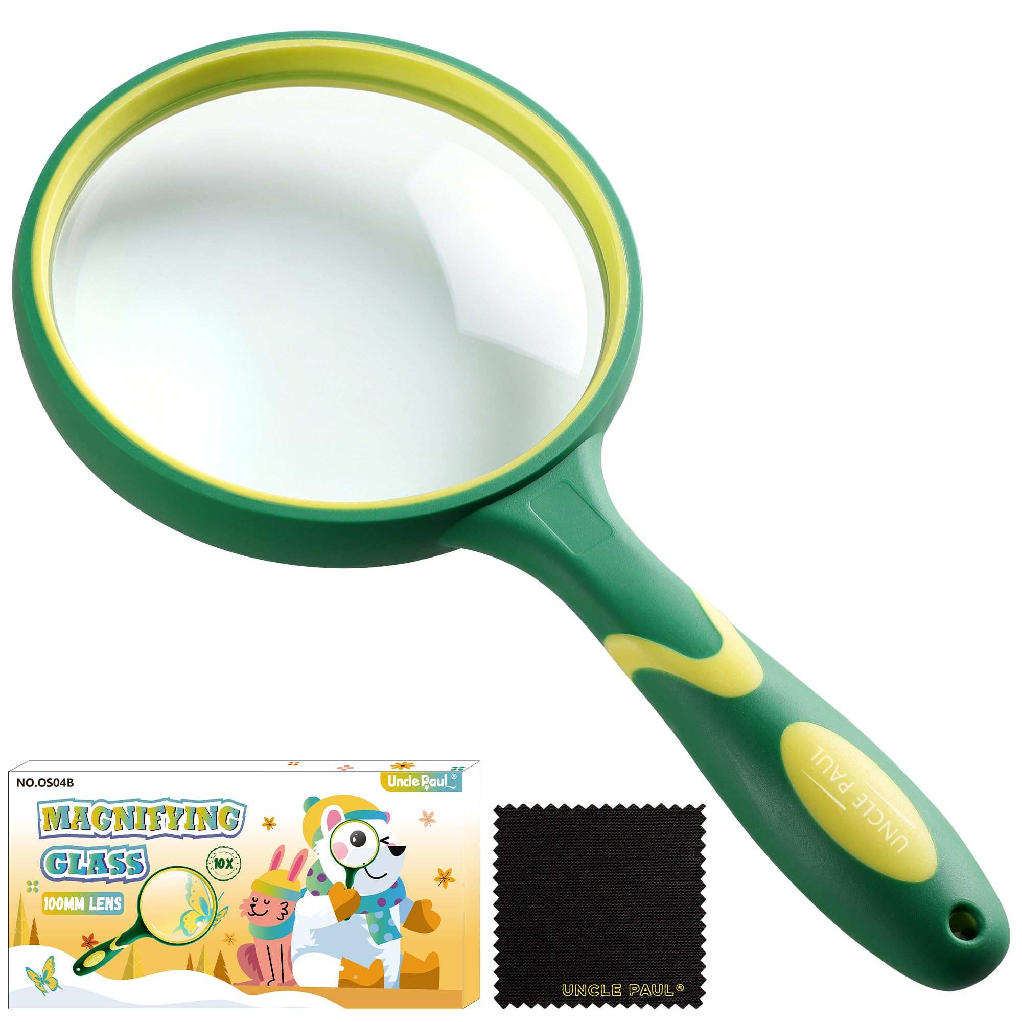 Magnifying Glass 10X Large Handheld Magnifier with Cleaning Cloth - 100mm Thickened Lens Frame Non-Slip Soft Rubber Handle for Seniors Reading Kids Observation Classroom Science Tool Green OS04B
