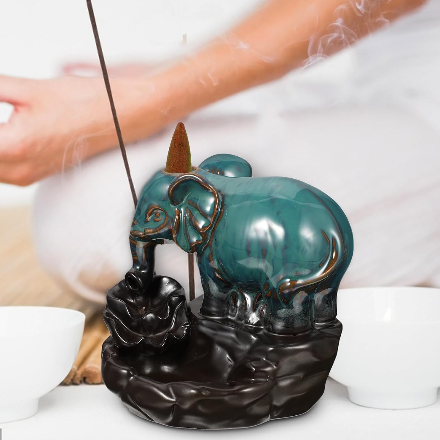 Elephant Red Porcelain Backflow Incense Holder Lotus Leaf Ceramic Incense Burner for Meditation Home Fragrance Tabletop Decor