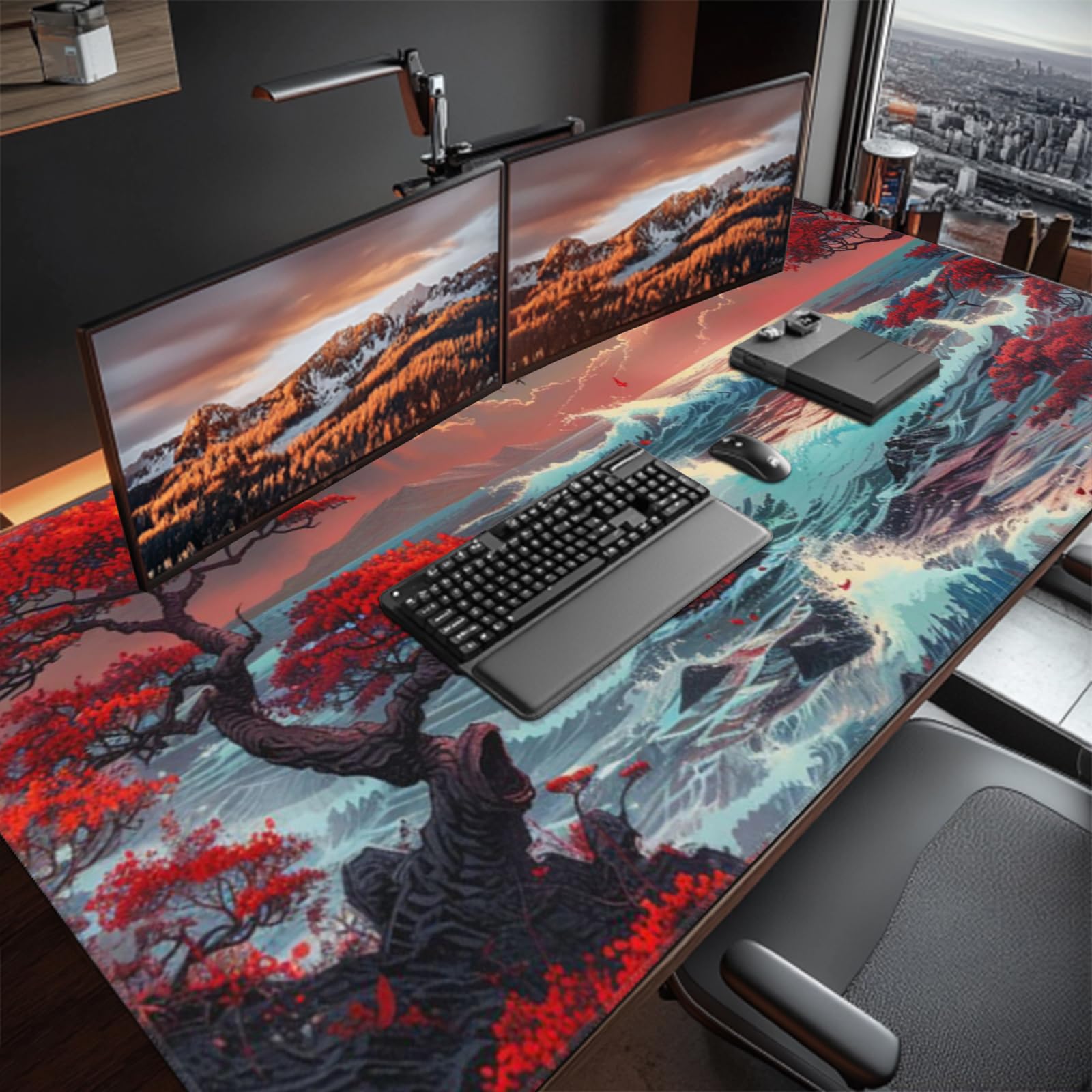 Alfombrilla de escritorio japonesa, 48 x 24 pulgadas, alfombrilla de mouse grande extendida con ondas marinas, tamaño XXXL, alfombrilla de mouse para juegos con base antideslizante de 3 mm y