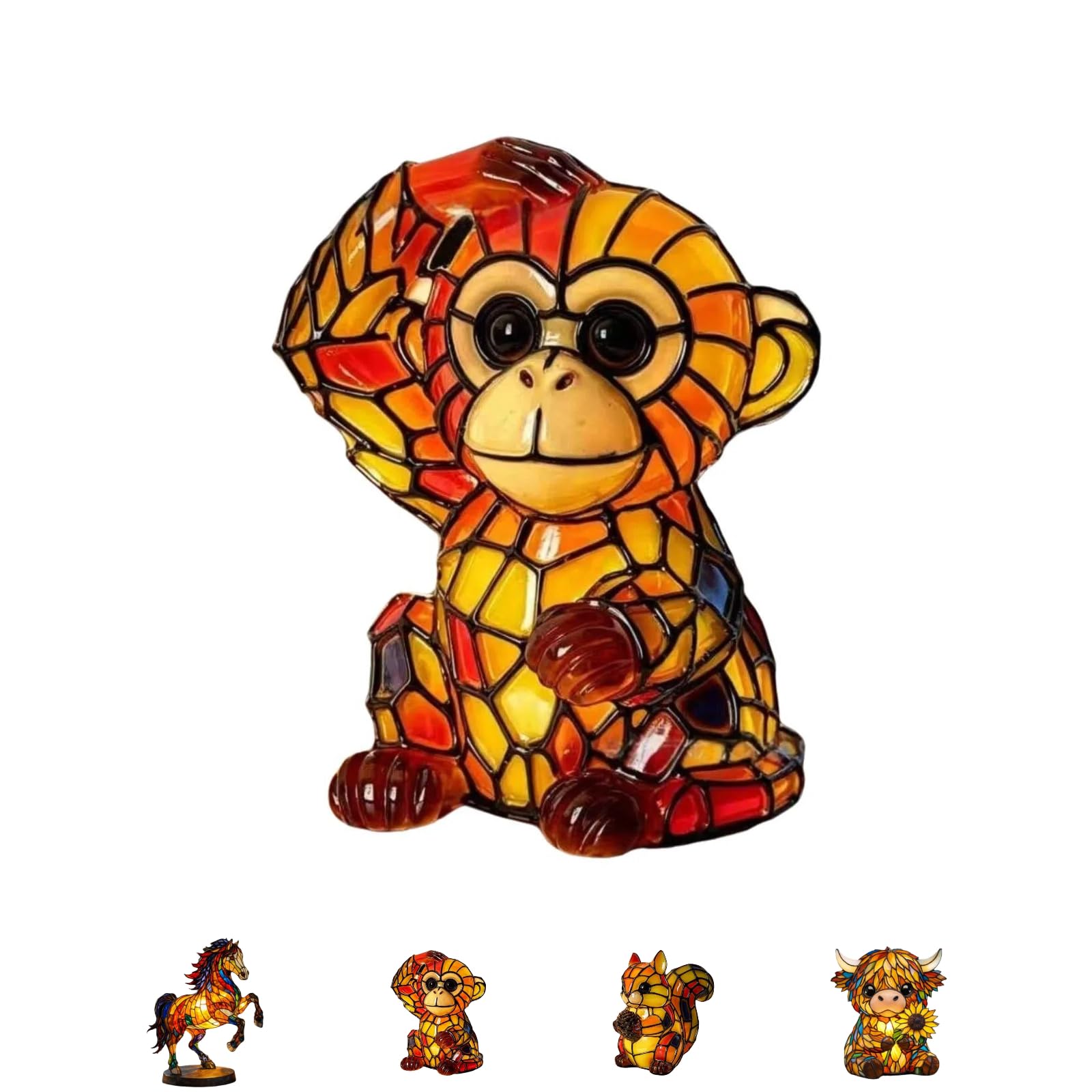 Stained Glass Lamp, Horse Highland Cow Lamp, Decorative Resin LED Night Light for Pet Lovers, USB Vintage 3D Table Lamp Cozy Glow for Desk & Mantel, Fun Gift for Friends Families (Yellow-Monkey)