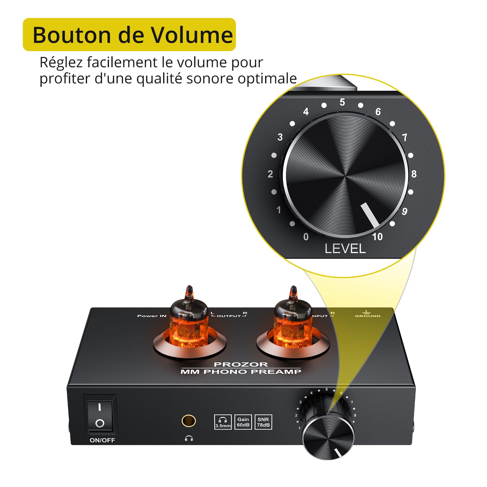 PROZOR Préampli Phono à Tubes Tube Jan GE5654 Réglage Volume Sortie Casque Connexions Dorées pour Platines MM