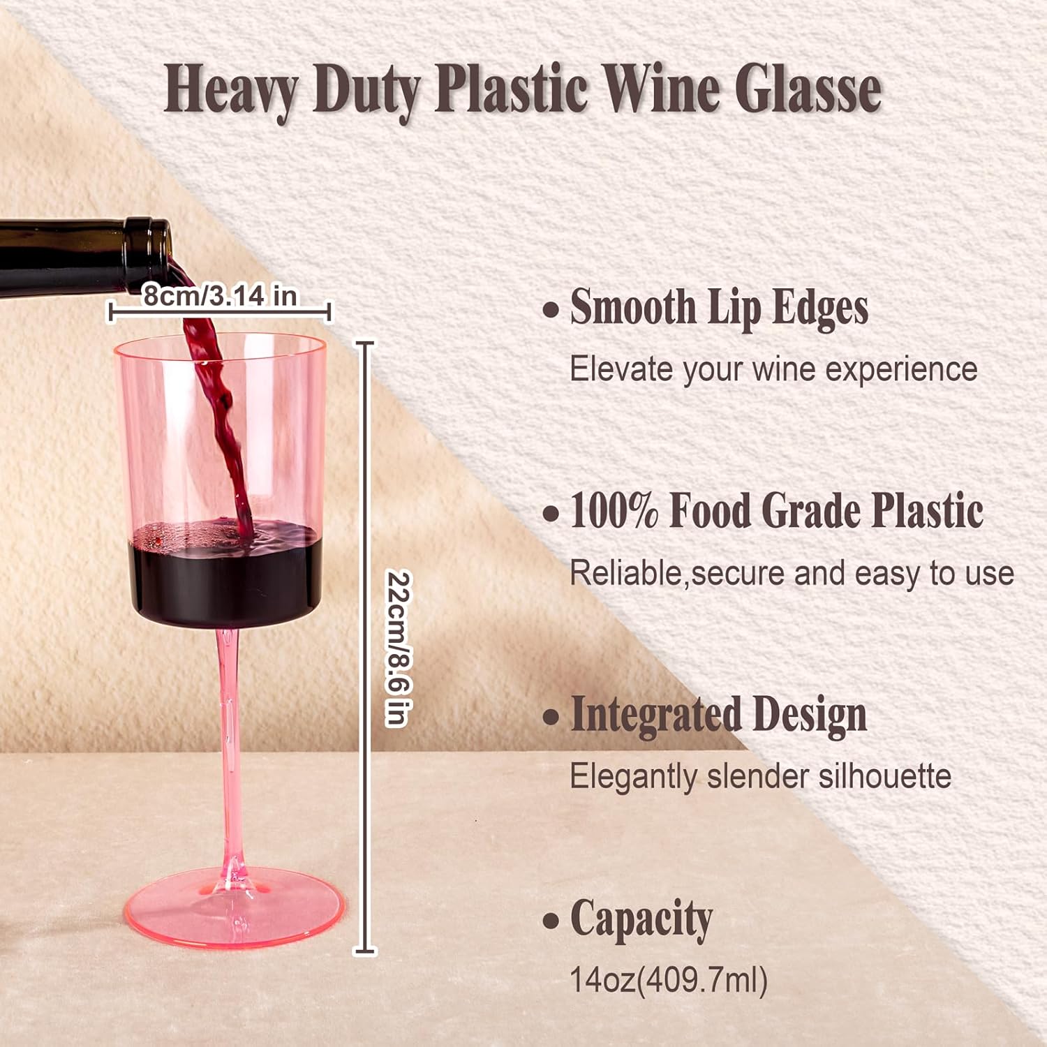 Ciaell 12 Pack Pink Plastic Wine Glasses - 14Oz Plastic Wine Glasses with Stem - Disposable Stemmed Wine Glass for Parties & Weddings & Outdoor & Valentine's Day - Image 2