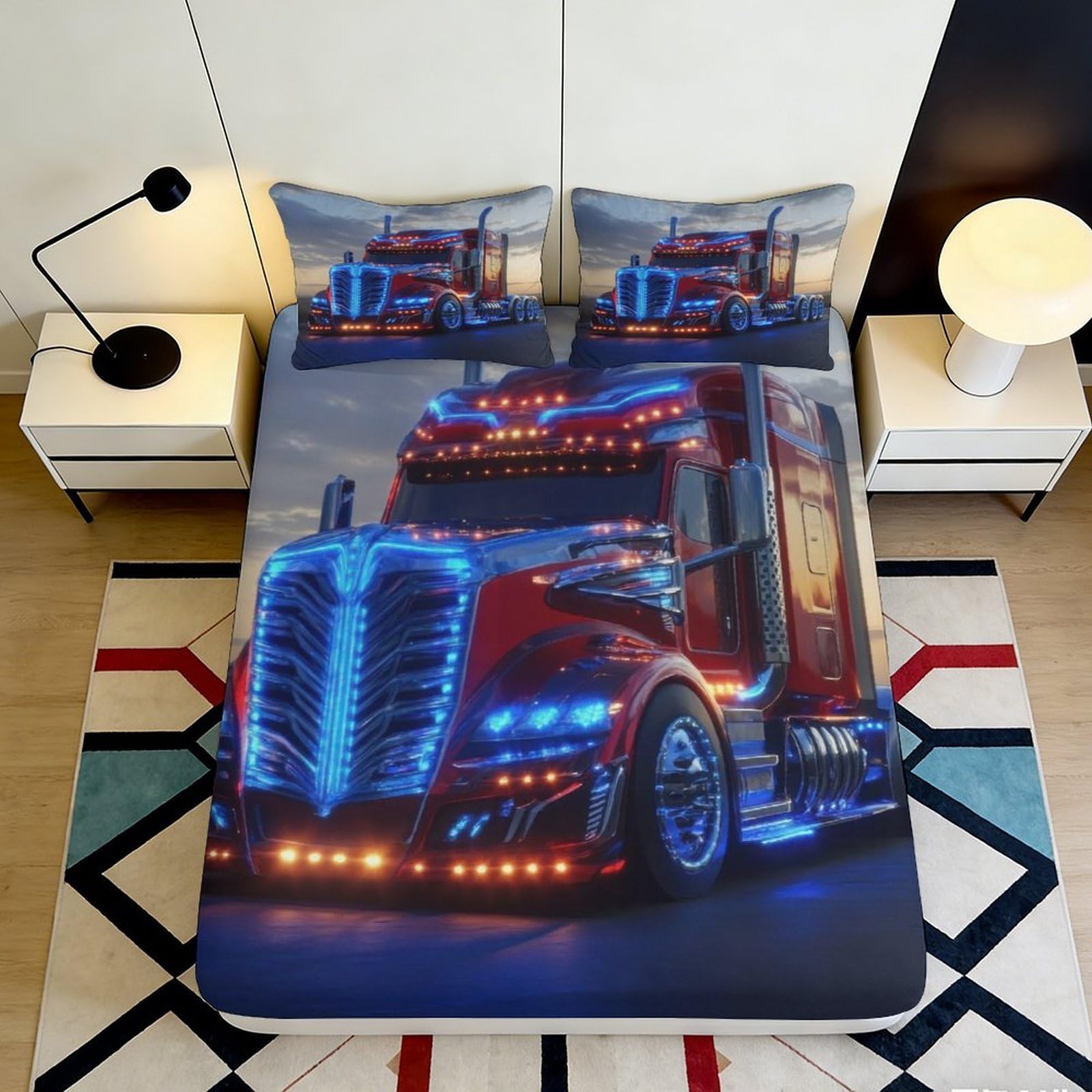 3D Printed Red Blue Truck Fitted Sheet Microfiber Durable Soft 3D Printed Semi Truck Mattress Cover for Bedroom Dormitory Guest Room Mattress Protection 140x200x25cm