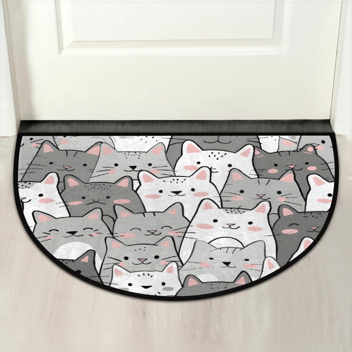 Half Round Doormat Cute Animals Cat Gray Washable Semi Circle Rug Non Slip Absorbent Half Moon Rug Kitchen Mat for Indoor Outdoor Bathroom Patio Front Welcome Fireplace Hearth Floor Mat