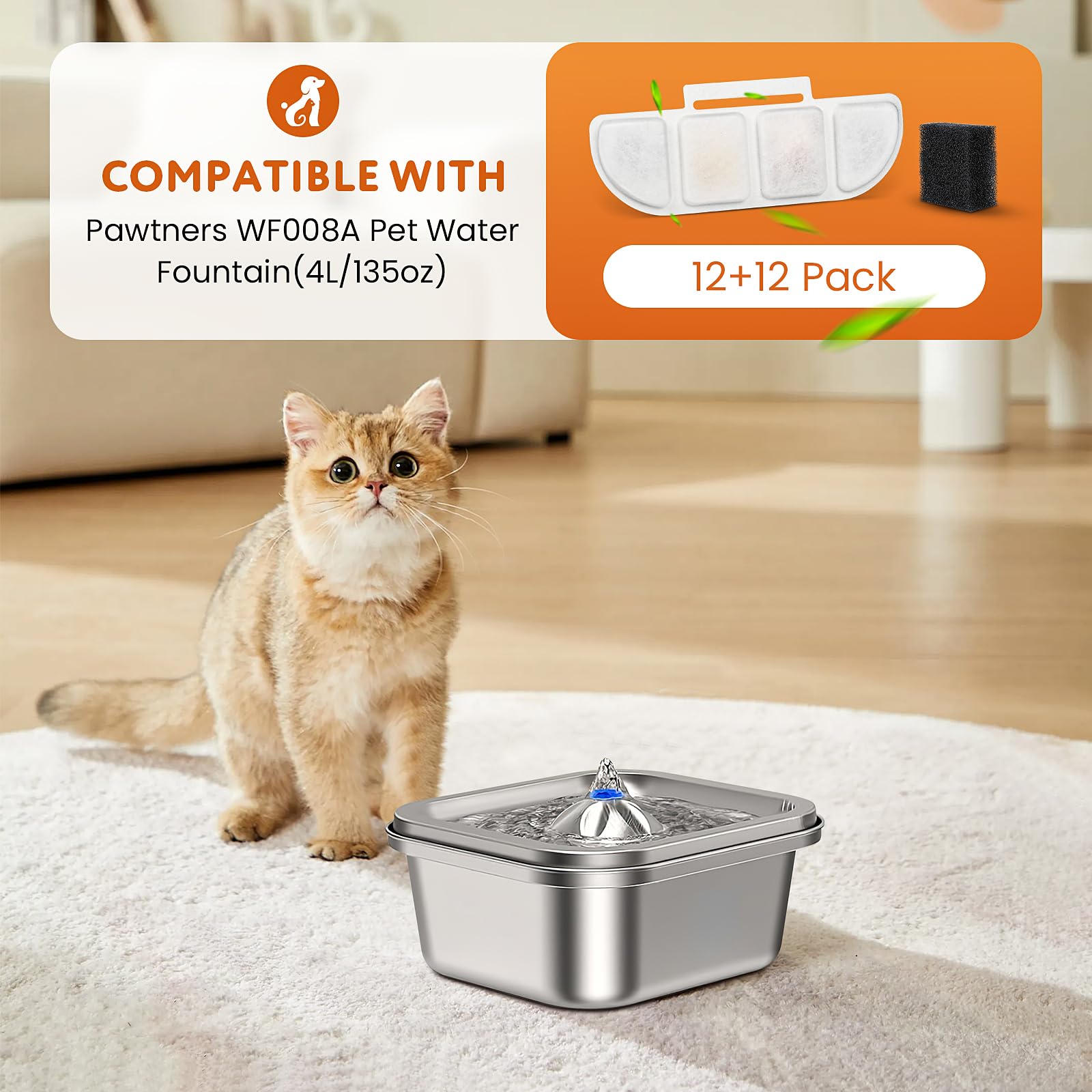 12 Pack Replacement Filters Compatible with Pawtners WF008A Pet Cat Dog Water Fountain (4L/135oz), Refill Filters with 12 Sponges - image 2