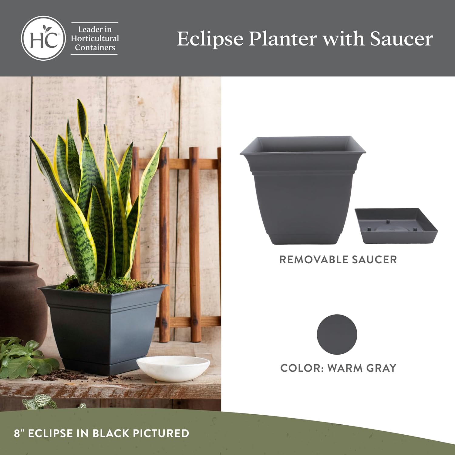 The HC Companies Eclipse Square Plastic Planter w/ Attached Saucer - Outdoor & Indoor Plant Pot with Drainage Holes - Lightweight, UV-Resistant Plastic Pots For Plants (12" Warm Gray, Pack of 1)