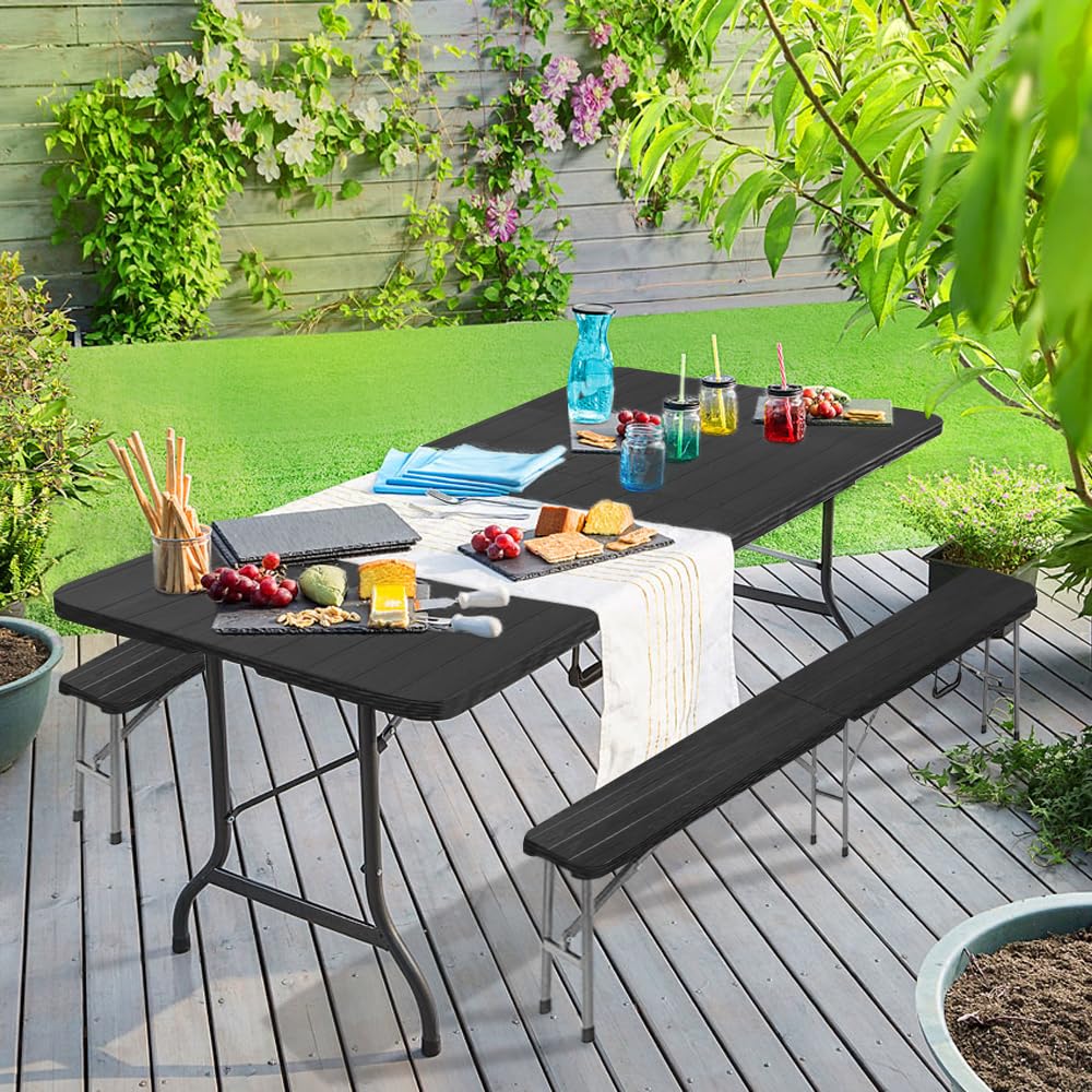 BOLLI Ensemble Table et Bancs Pliante - Table Rectangulaire de Jardin 8 Personnes - Ensemble Exterieur pour Jardin Terrasse et Balcon - Noir