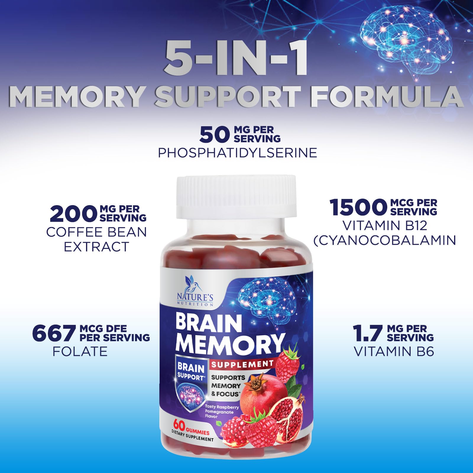 Brain Supplements For Memory & Focus Gummies - Natural Nootropics Support for Concentration Alertness & Clarity Support - 3X Strength Brain Health Vitamins with B6 B12, Phosphatidylserine - 60 Gummies — Amazon image 6