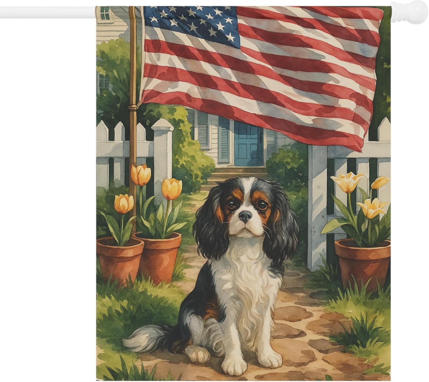 PUDDINFLAGS Tricolor King Charles Cavalier Spaniel Garden Flag, 4th of July, US Yard Outside Decor, Patriotic Housewarming