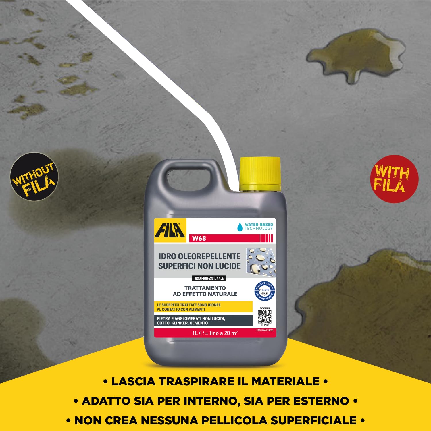 FILA Surface Care Solutions, W68 Imprägnierung, transparent, schmutzabweisend, für nicht-glänzende Oberflächen, Leak Proof-Effekt, wasserabweisend, für Natursteine, 1 l