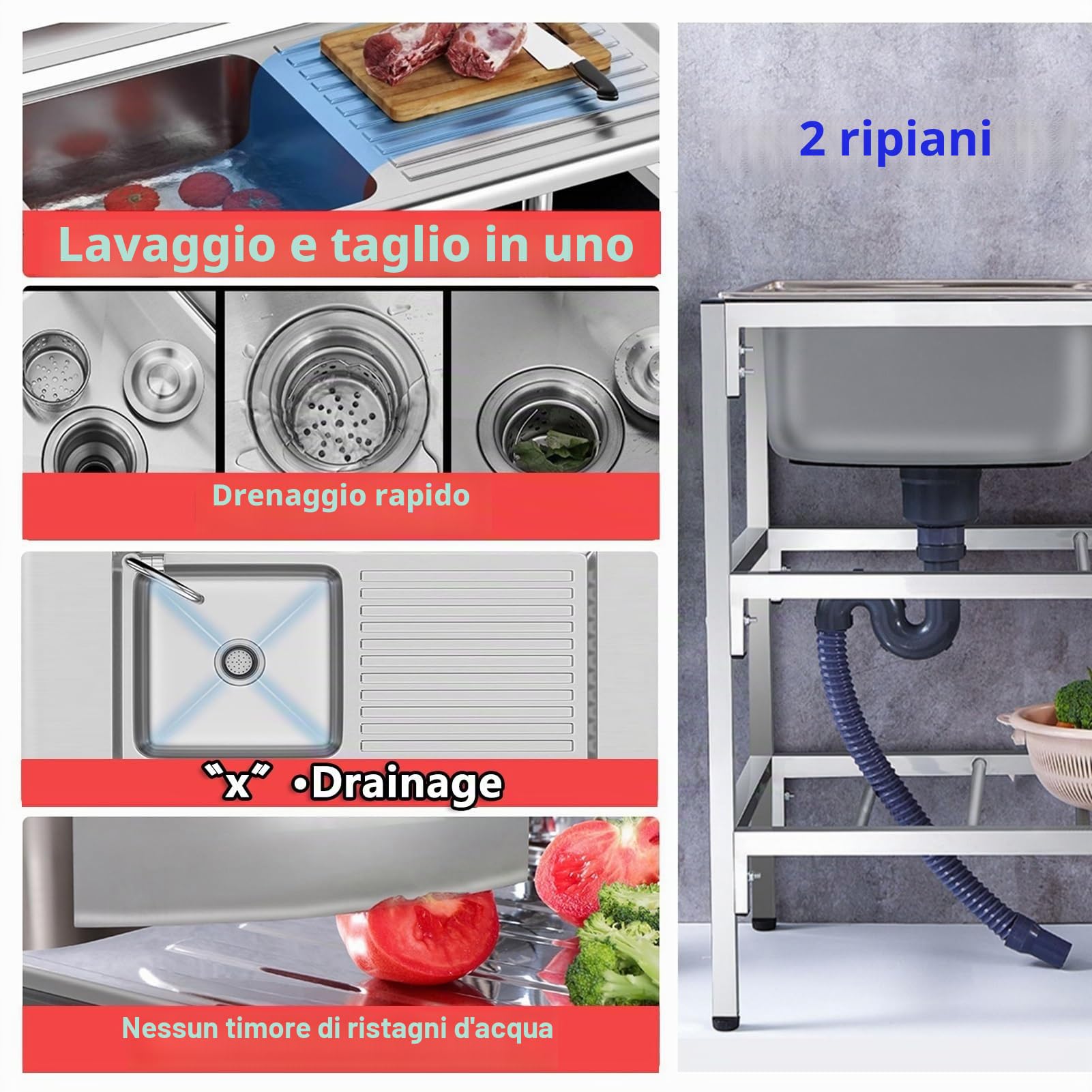 Lavello Professionale Inox a Libera Installazione | Autoportante con Rubinetto 360°, Doppio Vano e Banco da Lavoro per Esterno, Ristorante, Garage