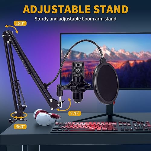 Miniatura 5 de AMOOX Micrófono de condensador, micrófono USB profesional Plug & Play, micrófono de computadora de condensador, kit de micrófono cardioide con brazo