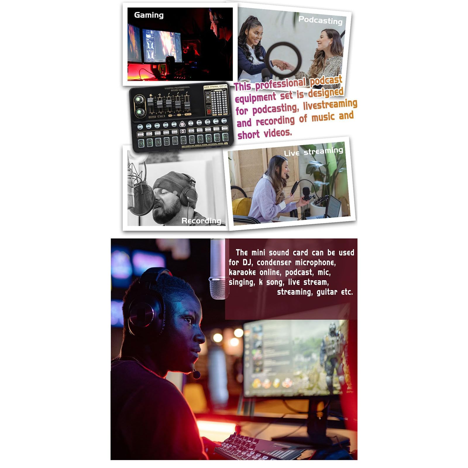 Carte son en direct Enregistrement en studio Carte son Mélangeur de microphone Bluetooth Changeur de voix Streaming en direct Mélangeur de son Podcast Karaoké Accueil