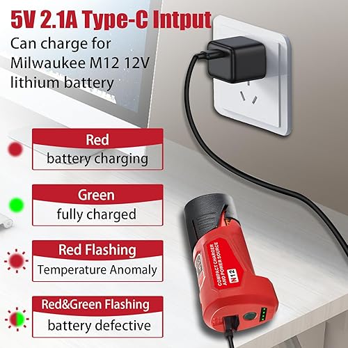 Miniatura 6 de ASUNT Adaptador de cargador de fuente de alimentación USB M12 de 12 V para batería de litio Milwaukee M12 de 12 V, con puerto de carga de entrada