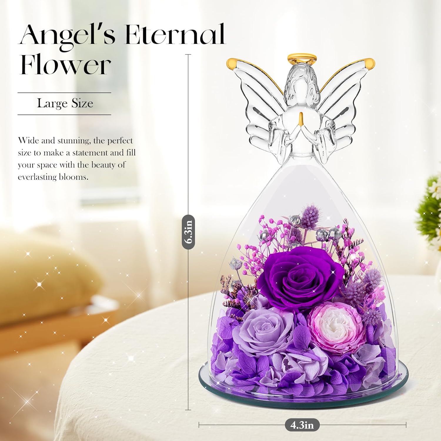 RoseValley Angel Roses Gifts for Her,Preserved Real Flowers Roses in Glass Angel Figurines,Valentines Day Birthday Gifts for Grandma Women Mom Wife Girlfriend Best Friend/Purple - Image 3