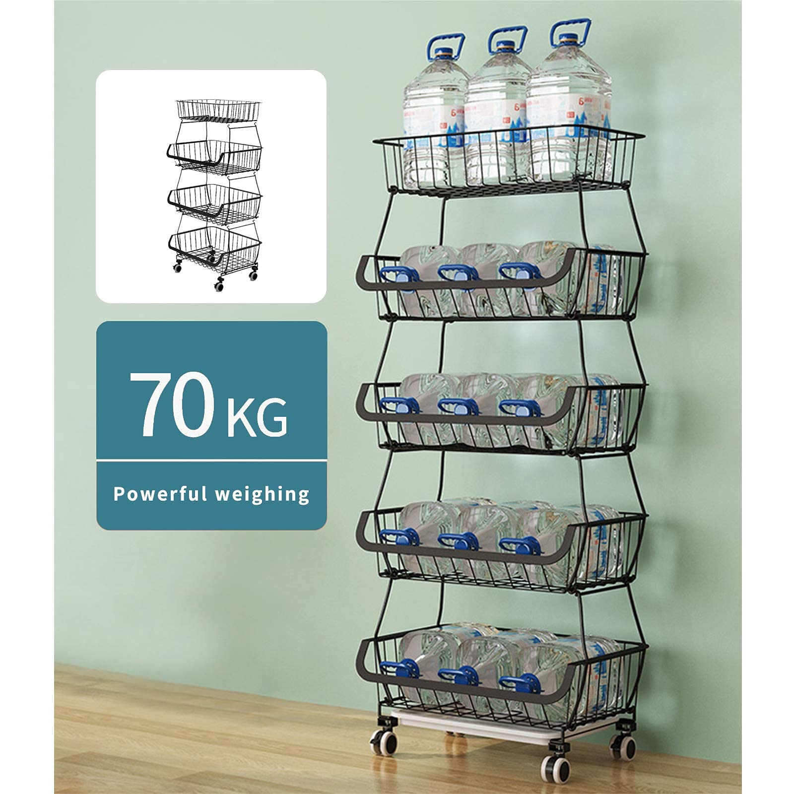CarolynDesign Paniers de Rangement de Cuisine en Fil de Fer Noir avec roulettes et Pieds, paniers de Rangement empilables pour légumes
