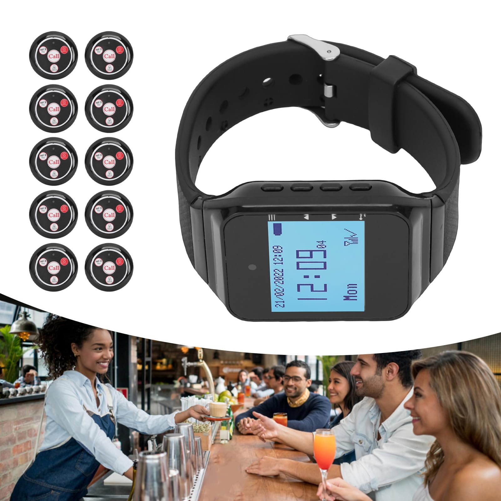 de Localización Inalámbrico para Restaurantes, 1 Receptor de Reloj con 10 Timbres de Escritorio, Pantalla LCD, 500 Canales, Zumbador por Vibración, Resistente Al Agua IPX4, para (Negra)