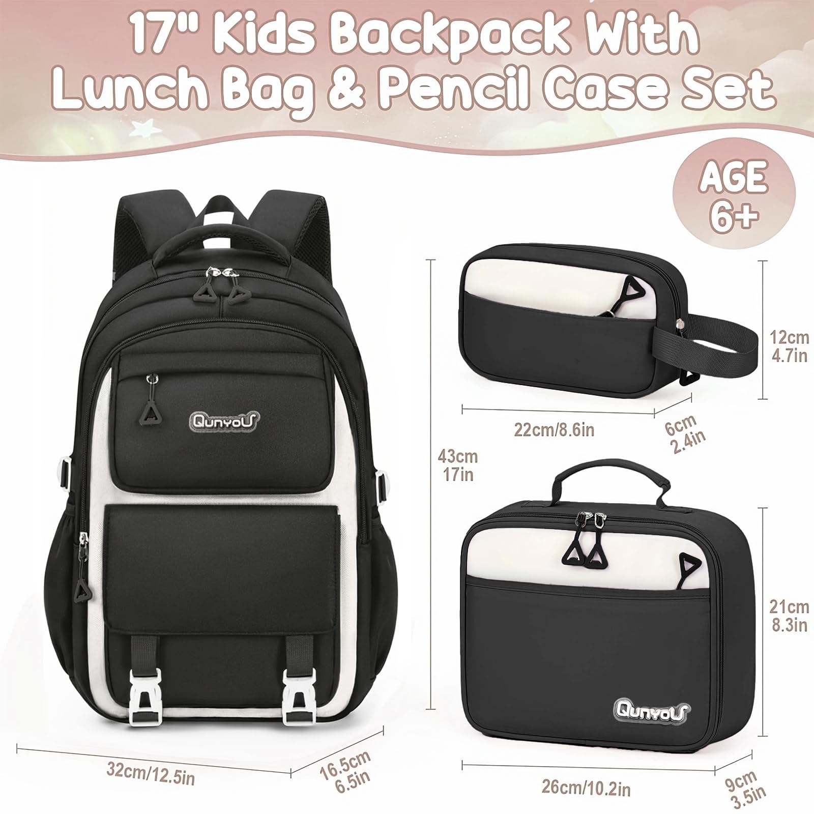 Amythe Ensemble de Sac à Dos Fille Primaire 3 Pièce, 2025 Cartable Enfant Scolaire avec Sacs à Déjeuner et Trousse Crayon, Sac Ecole Fille pour CP CE CM 6 à 12 ans-Noir