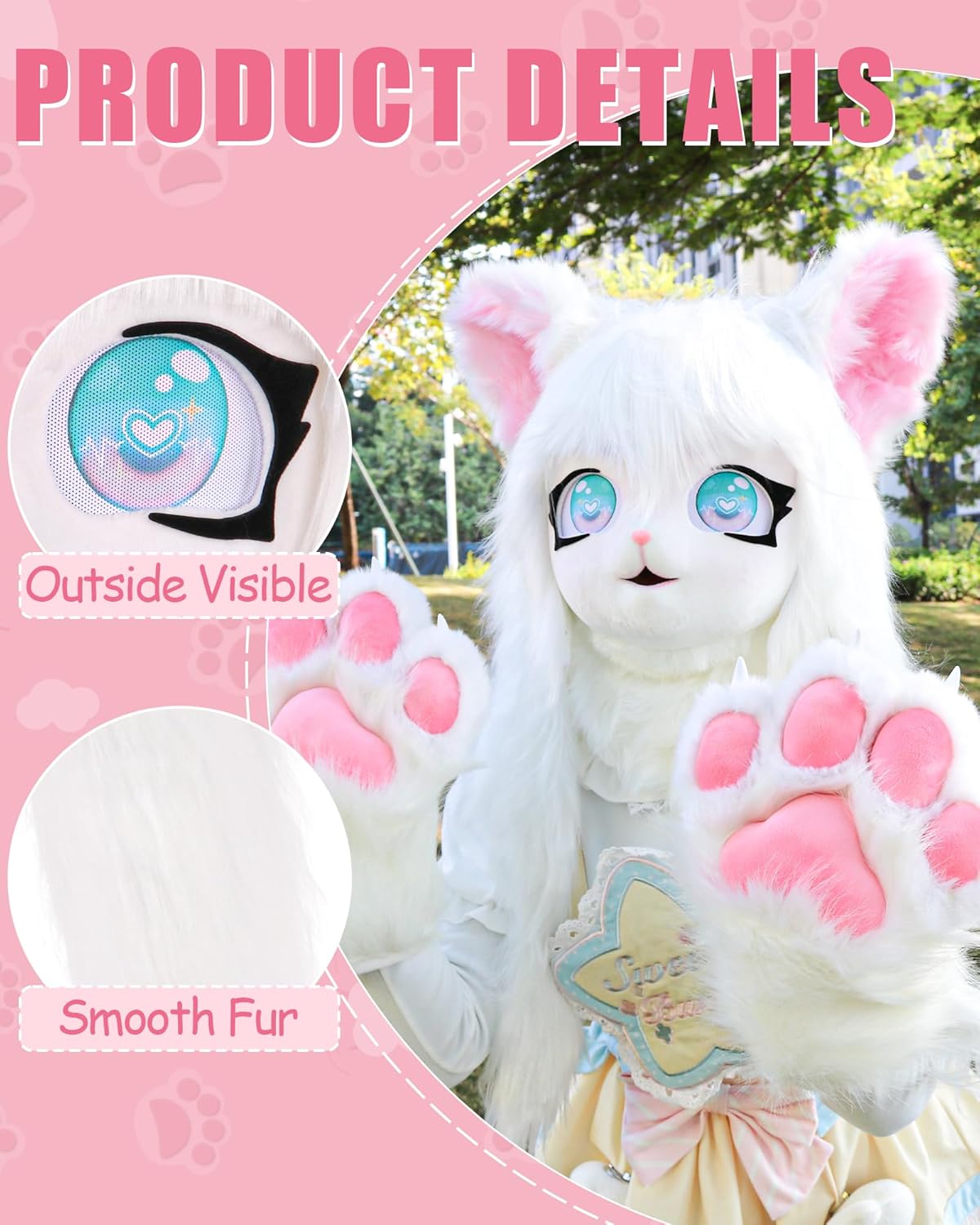 Furry Cat Head Mask with Long Faux Fur Hair Animal Cosplay Headgear Adult Costume Accessory for Halloween