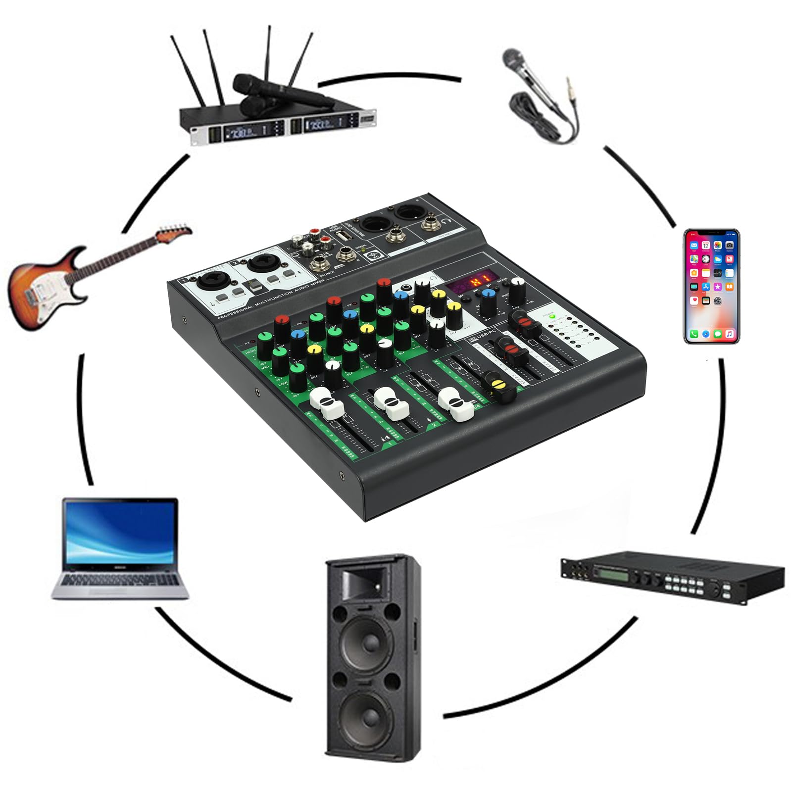Mixer DJ a 4 canali, mini mixer audio portatile professionale, mixer audio controller DJ con cavo USB 2, per registrazioni professionali, feste, palcoscenici KTV, spettacoli a nastro