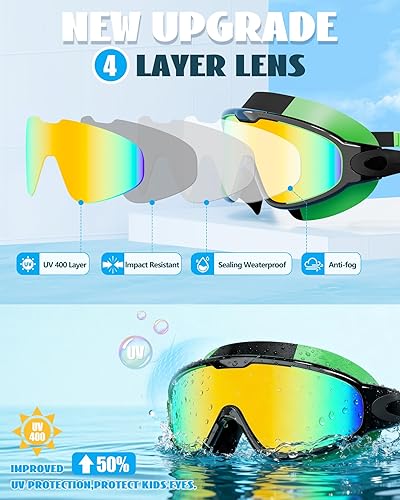 Vista 8 de Aegend Paquete de 2 gafas de natación de visión amplia, antivaho, UV, sin fugas, con tapones para los oídos para niños de 3 a 14 años