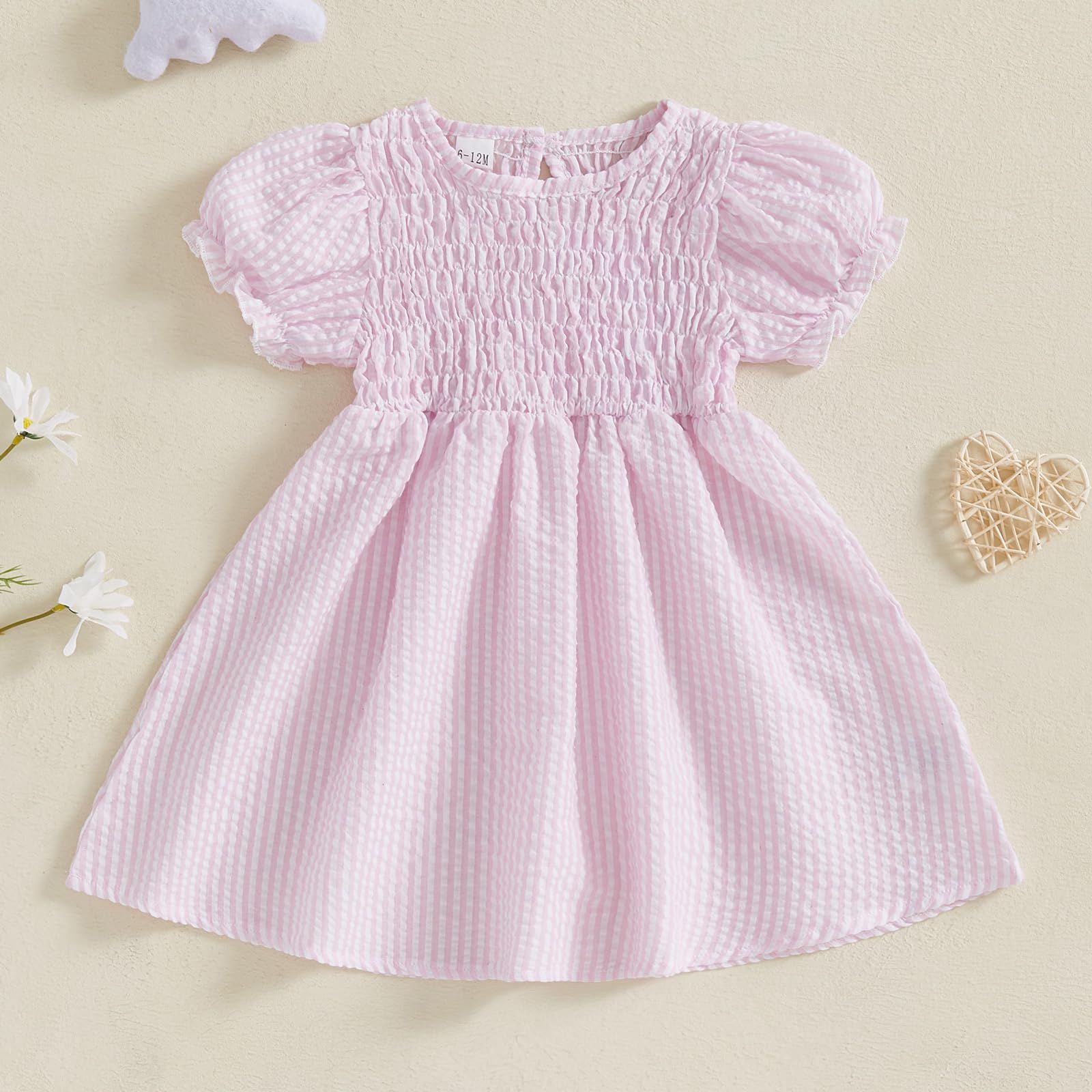 Toddler Girl Summer Sweet Dresses Plaid Print Short Puff Sleeve Crew Neck Smocked A-Line Dress Princess Clothes (A-Pink, 2-3 Years)