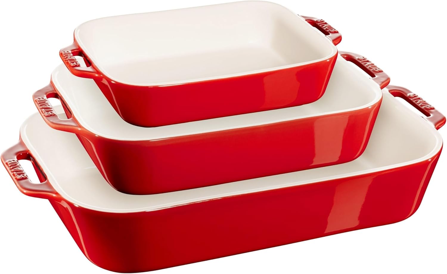 STAUB Ceramique 3 Piece Ceramic Rectanguar Oven Dish, Baking and Casserole Dish Set - Oven Safe, Freezer Safe - Cherry