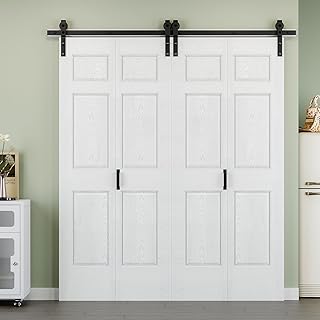 80" x 84" 6 Panels Bifold Barn Door, 88" Track Kit for 4 Closet Doors, Pre-Assembled Panel Bi-fold Barn Door for Pantry, Primed White Finish with Water-Resistant and Scratch-Resistant, Paintable