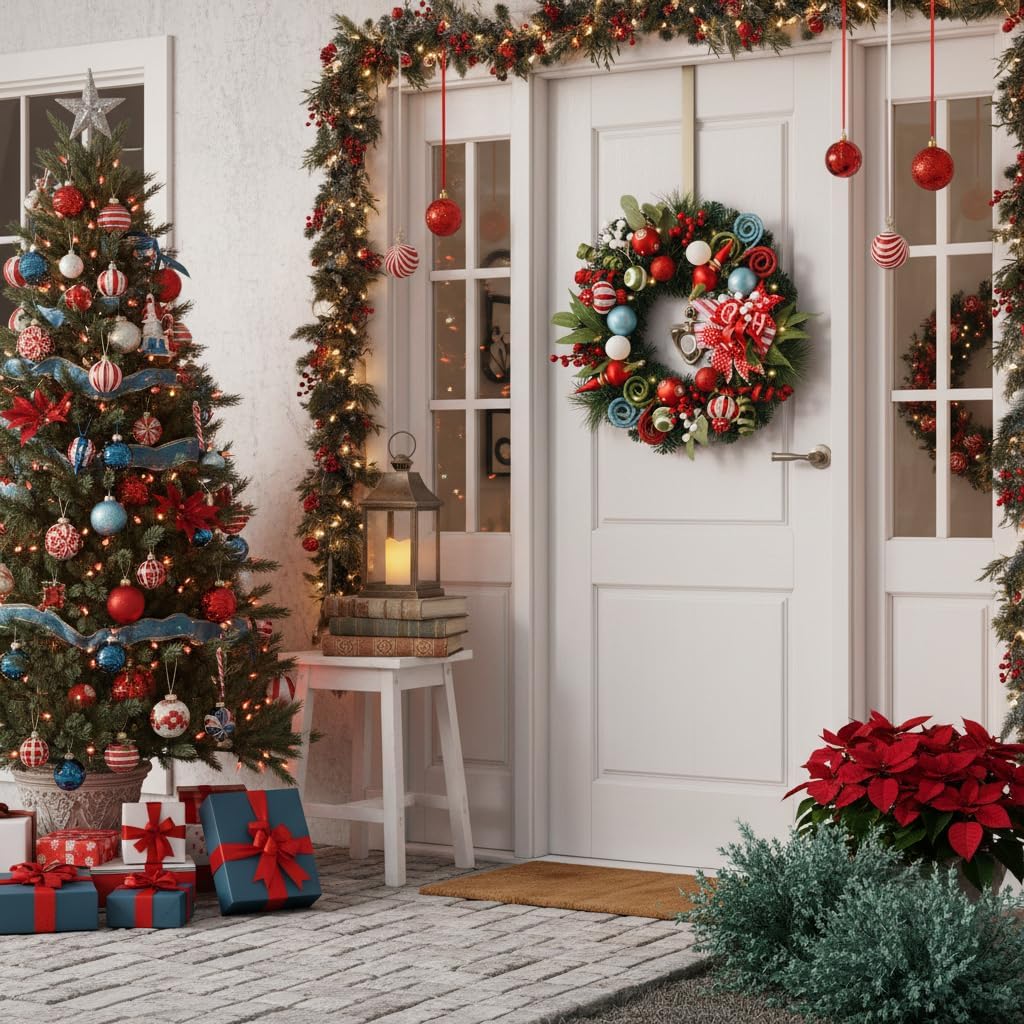 Valery Madelyn 18'' Pre-Lit Christmas Wreath for Front Door with Lights, Lighted Christmas Door Wreath with Multi-Colored Balls & Bow for Home Porch Fireplace Window Holiday Party Wall Decor - Image 4