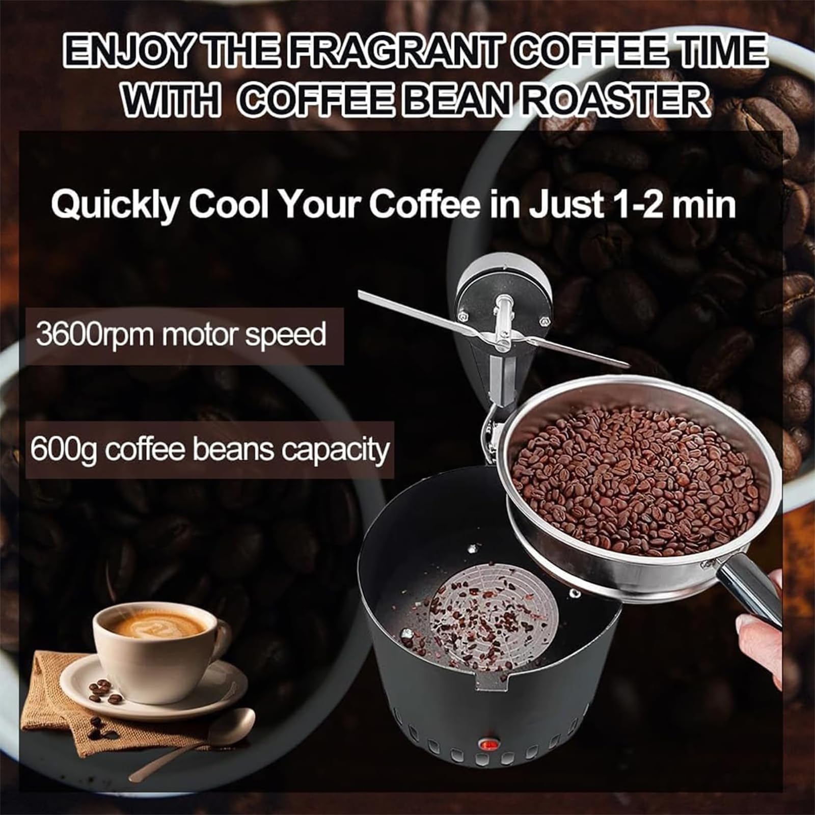 Raffreddatore elettrico per chicchi di caffè, 500 g, con rete in acciaio inossidabile, mescolatura automatica e spazzola di pulizia per un raffreddamento efficiente del caffè