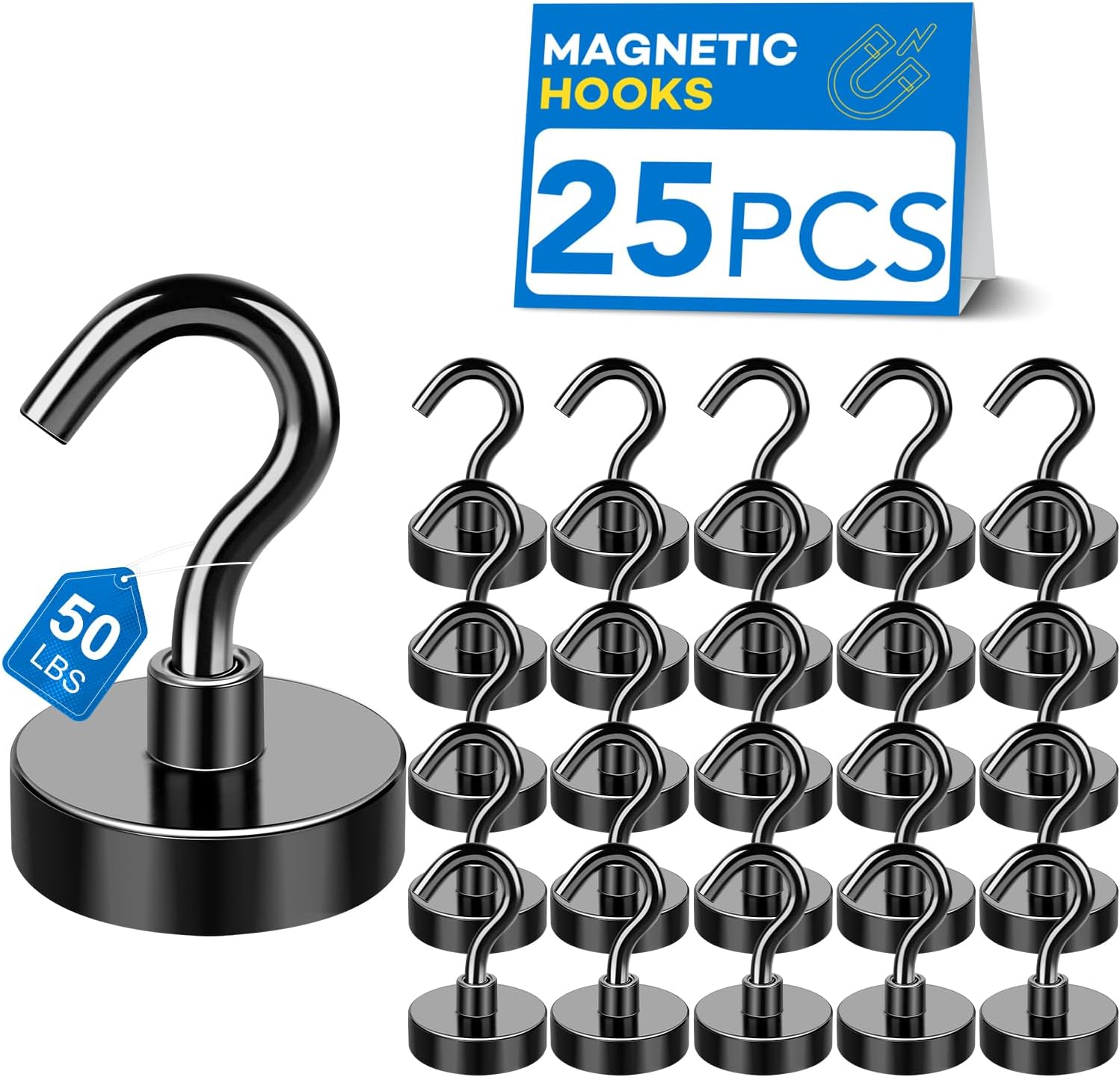 LOVIMAG Magnetic Hooks for Cruise Cabins, 50lbs Black Magnetic Hooks for Classroom, Strong Magnets with Hooks for Hanging, Neodymium Magnet Hooks for Fridge, Ceiling, Locker, Camper, Travel-25 Pcs