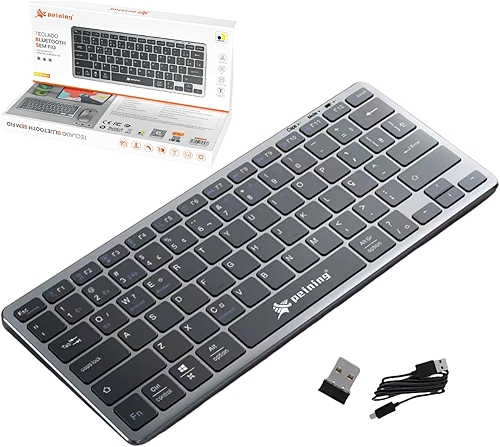 Teclado Sem Fio Bluetooth Peining – Silencioso, Compacto e Recarregável, USB + Bluetooth, Compatível com Windows, Android e iOS – Alta Performance e Conforto