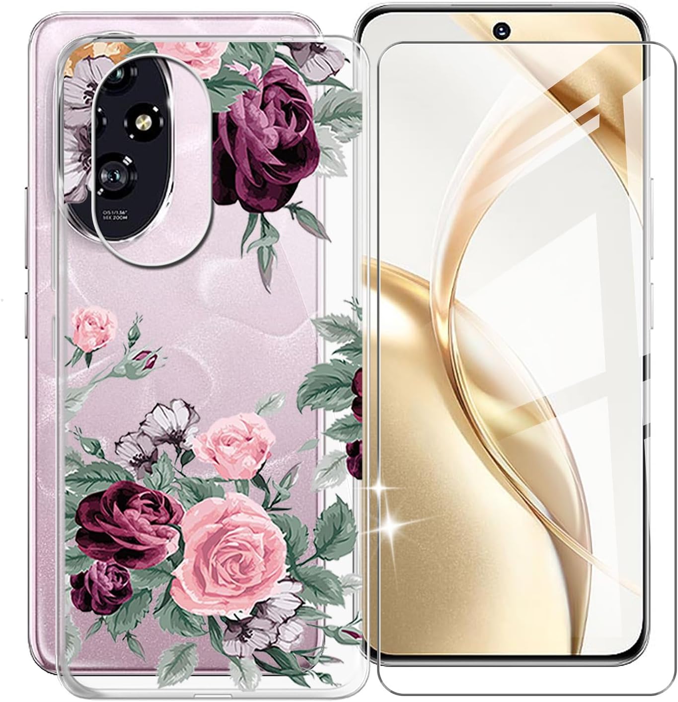 Custodia Honor 70 DEDUX Cielo Stellato: Cover In Vetro Temperato Marmorizzato 9H + TPU Morbido, Fiori Rosa, Supporta Ricarica Wireless