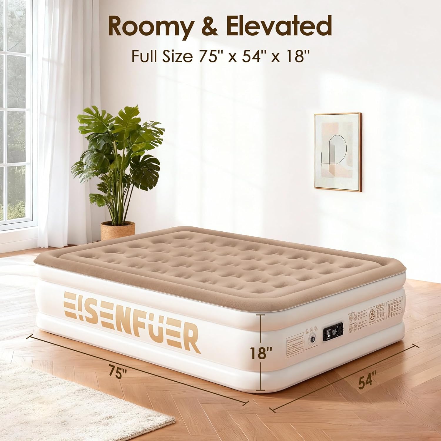 Air Mattress Full with Built-in Pump – 18" Inflatable Bed with High-Speed Pump, Comfy & Durable Blow Up Mattress, Coil-Beam Support, Carry Bag, Perfect for Guests, Moving, Beige