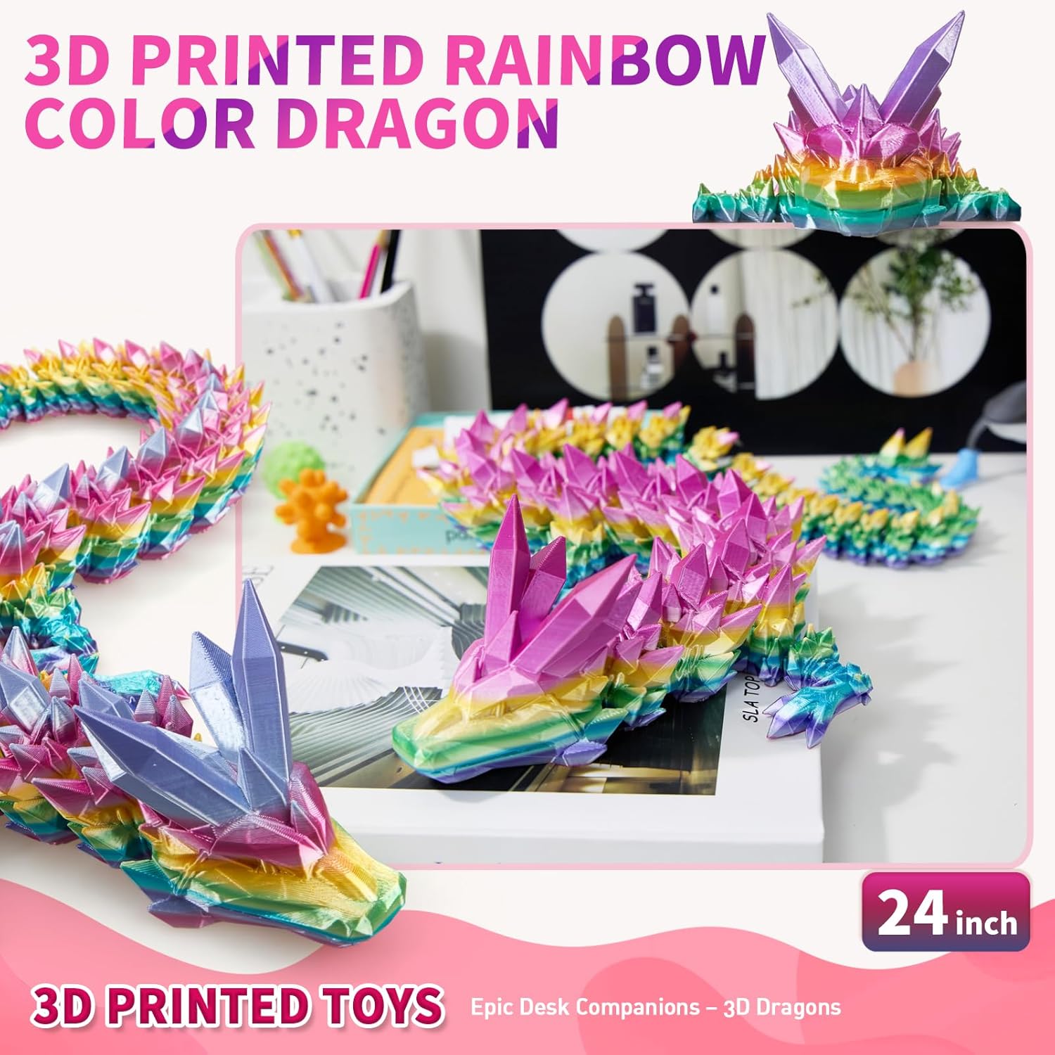 Large 3D Printed Dragon,24 Inch 3D Dragon Toys,Bigger Fidget Crystal Animals Toys, 3D Printed Articulated Animals for Home Office Car Desk Decor(Rainbow - Image 7