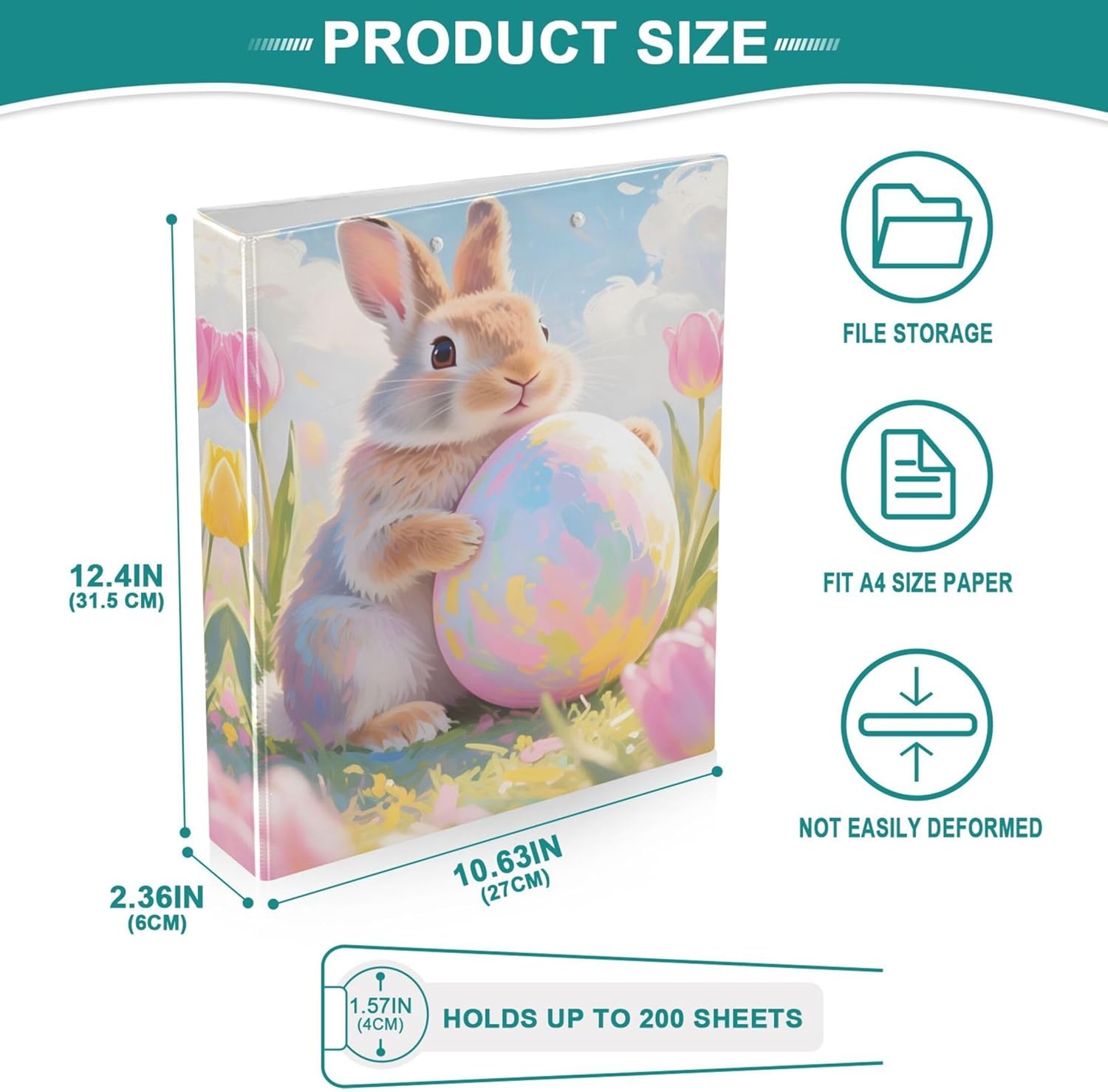 Happy Easter Bunny Eggs 3 Ring Binders, 1.5” Round Ring Binders with Clipboard - Letter Size, 3 Interior PVC Clear Pockets & Anti-Slip Clip for Office School Supplies, 2PCS