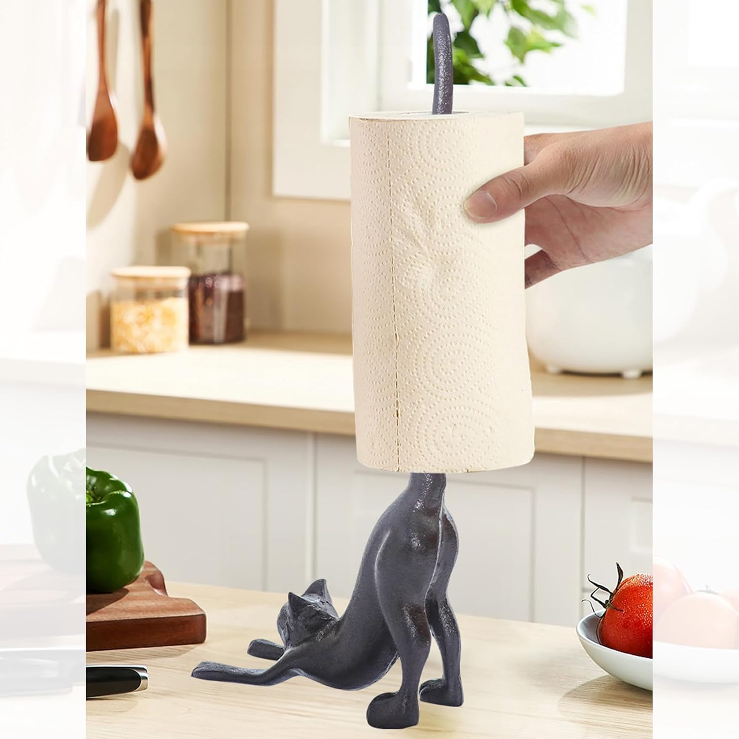 Cat Paper Towel Holder 17'' Cast Iron Paper Towel Holder Funny Toilet Paper Holder for The Floor or Counter in The Kitchen or Bathroom Bronze Rustic
