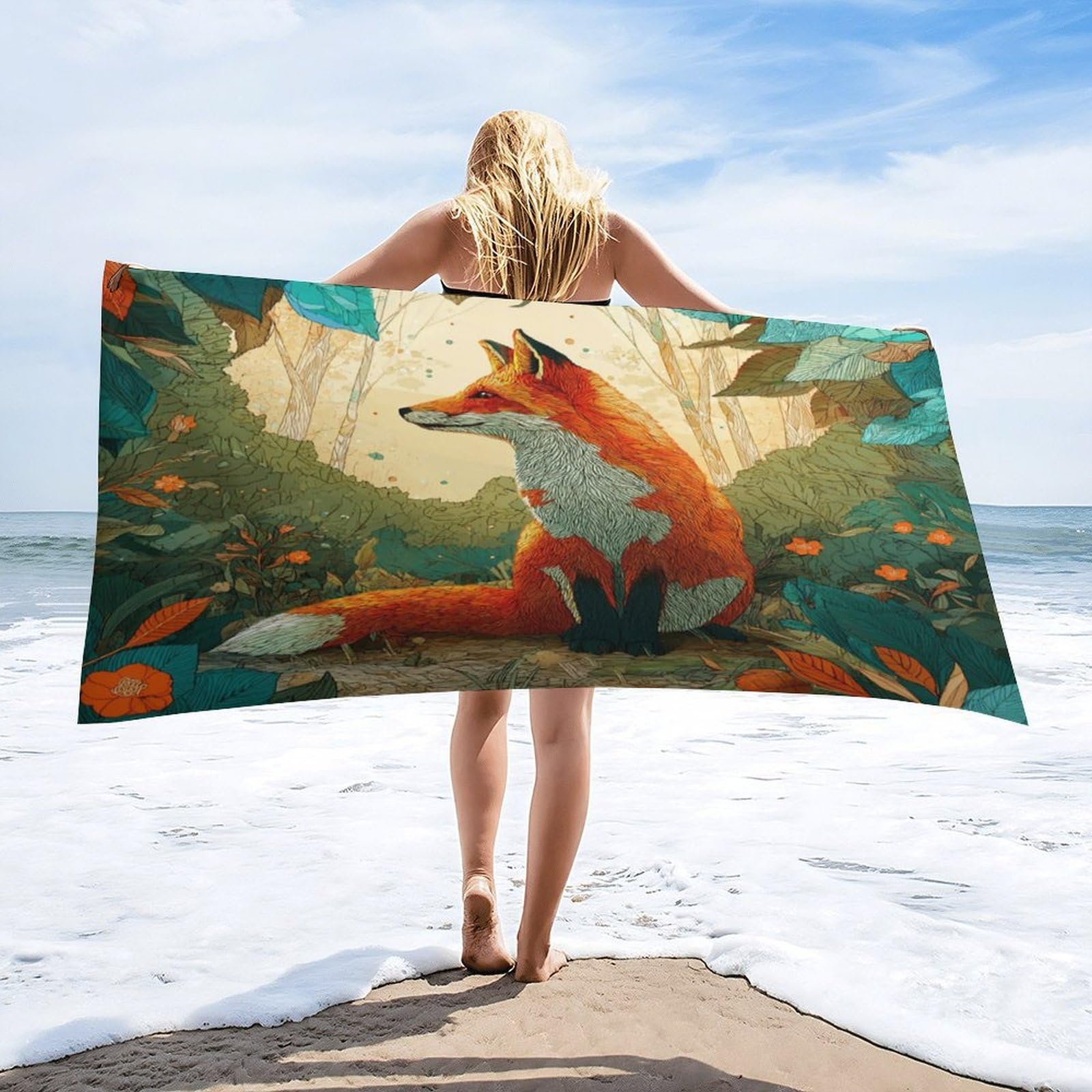 Luyysky Funny Abstract Wildlife Fox Quick-Drying Beach Towel, Beautiful Rustic Autumn Forest Hunting Theme Animal Fox Travel Vacation Single Sided Pile Bathroom Towels-80 W Cm X 160" L Cm