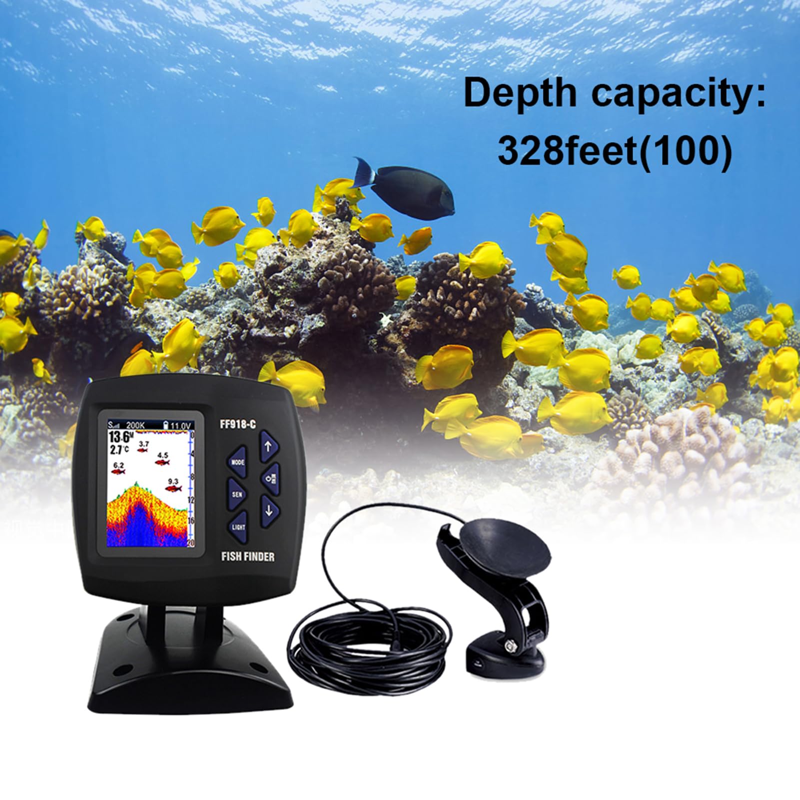 Ecoscandaglio con Schermo a Colori Display a Colori Ecoscandaglio LCD da 3,5 Pollici Cablato Doppia Frequenza 328 Piedi 100 M Sonar con Galleggiante