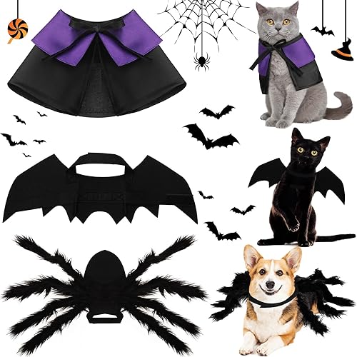 Miniatura 8 de Juego de 3 piezas de disfraz de perro y gato de Halloween, capa de vampiro de murciélago para mascotas, disfraz de araña gigante de imitación para