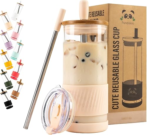 Pandaloo Vasos de vidrio con tapas y pajitas, 20 onzas líquidas, taza de café helado, taza para batido con tapa de bambú y tapa sobre la marcha,