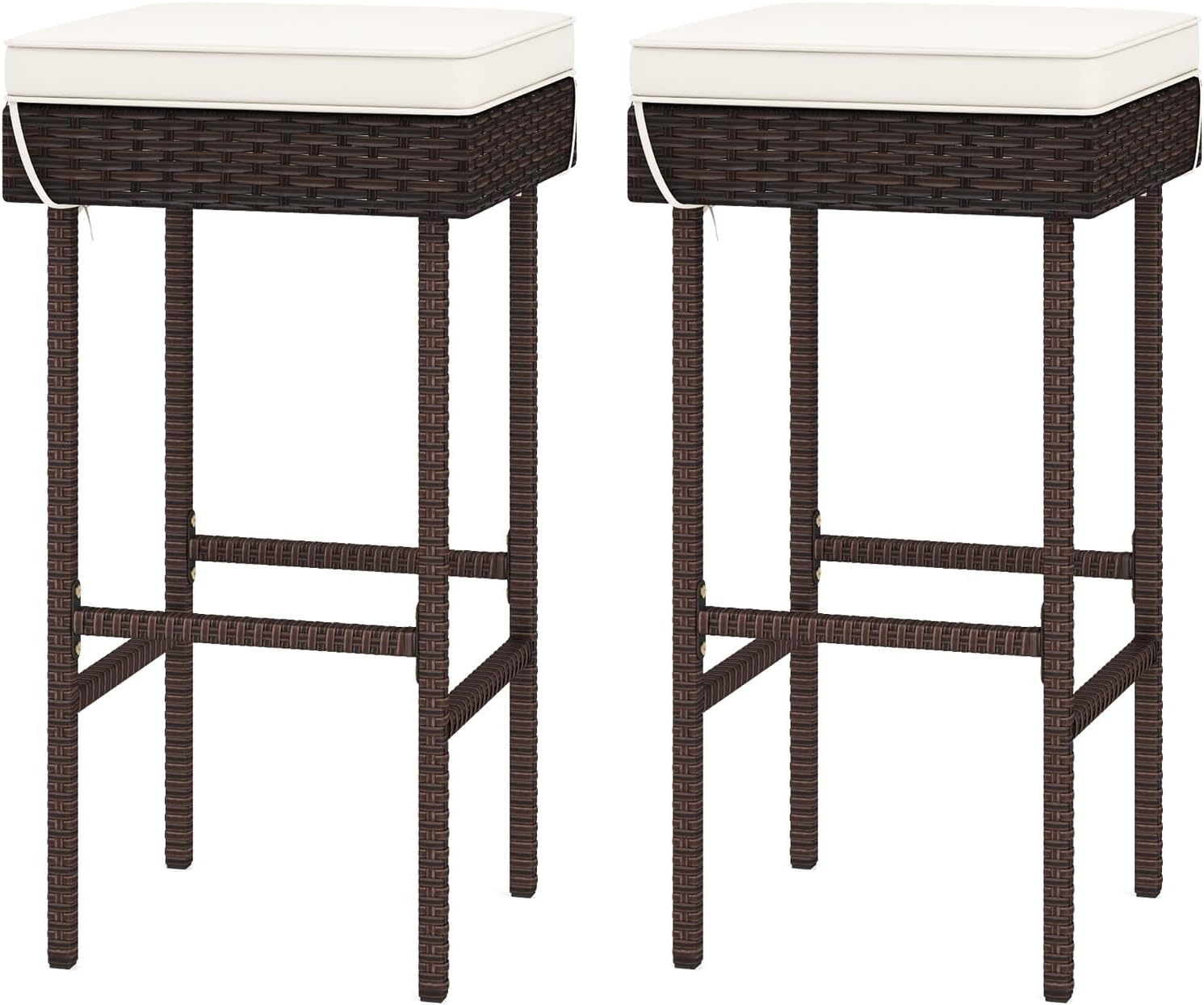 RELAX4LIFE Outdoor Bar Stools Set-of-2 - Wicker Rattan Backless Bar Chairs w/Seat Cushion, Footrest & Metal Frame, 400 LBS Weight Capacity, 28.5’’ Counter Height Barstools for Kitchen Island Patio (1)