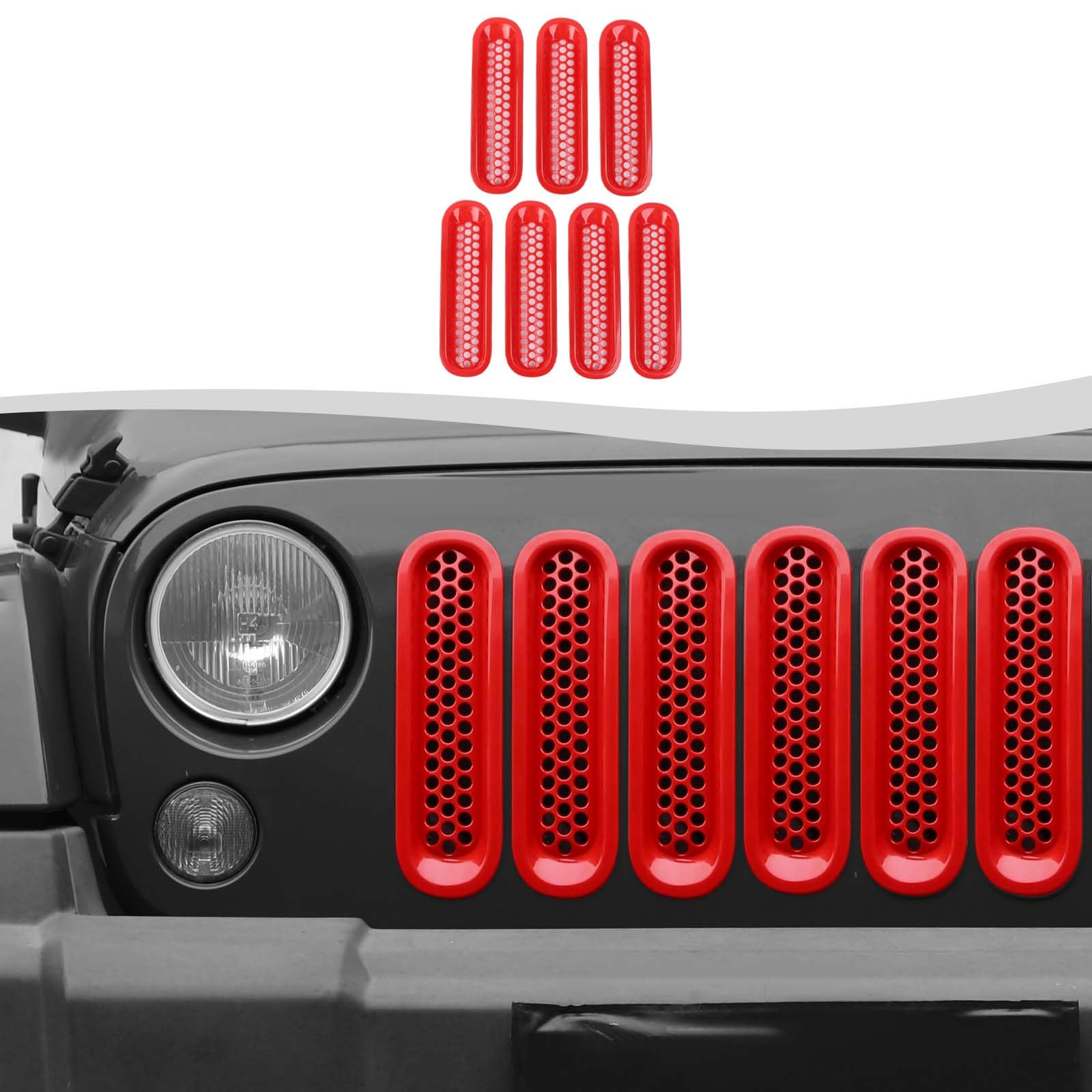 Clip-on Mesh Grill Insert Grille Inserts Cover Fit for 2007-2018 Jeep Wrangler JK JKU(Red)