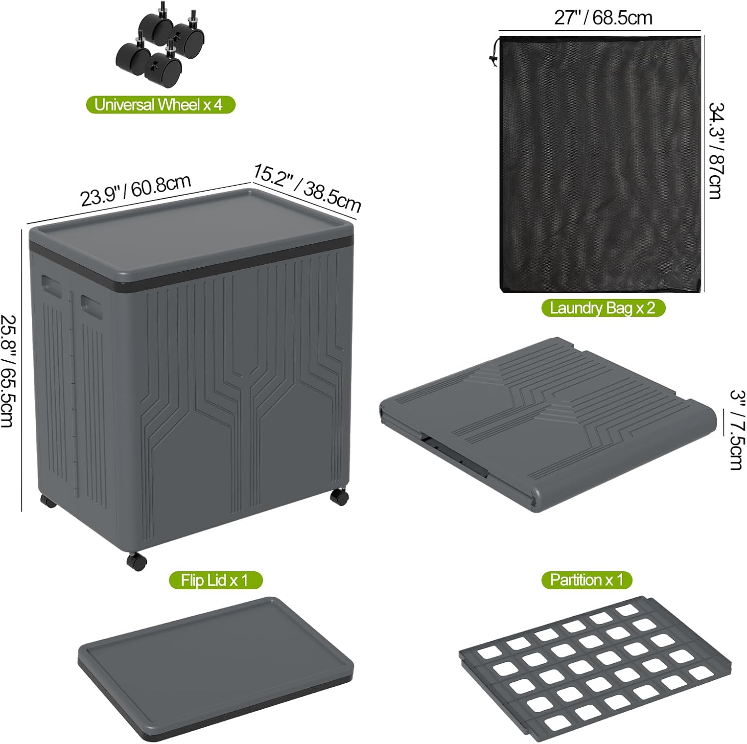 Farmoon 120 L Plastic Foldable Double Laundry Hamper with Wheels and Washable Laundry Bags, Gray, 1 Pack