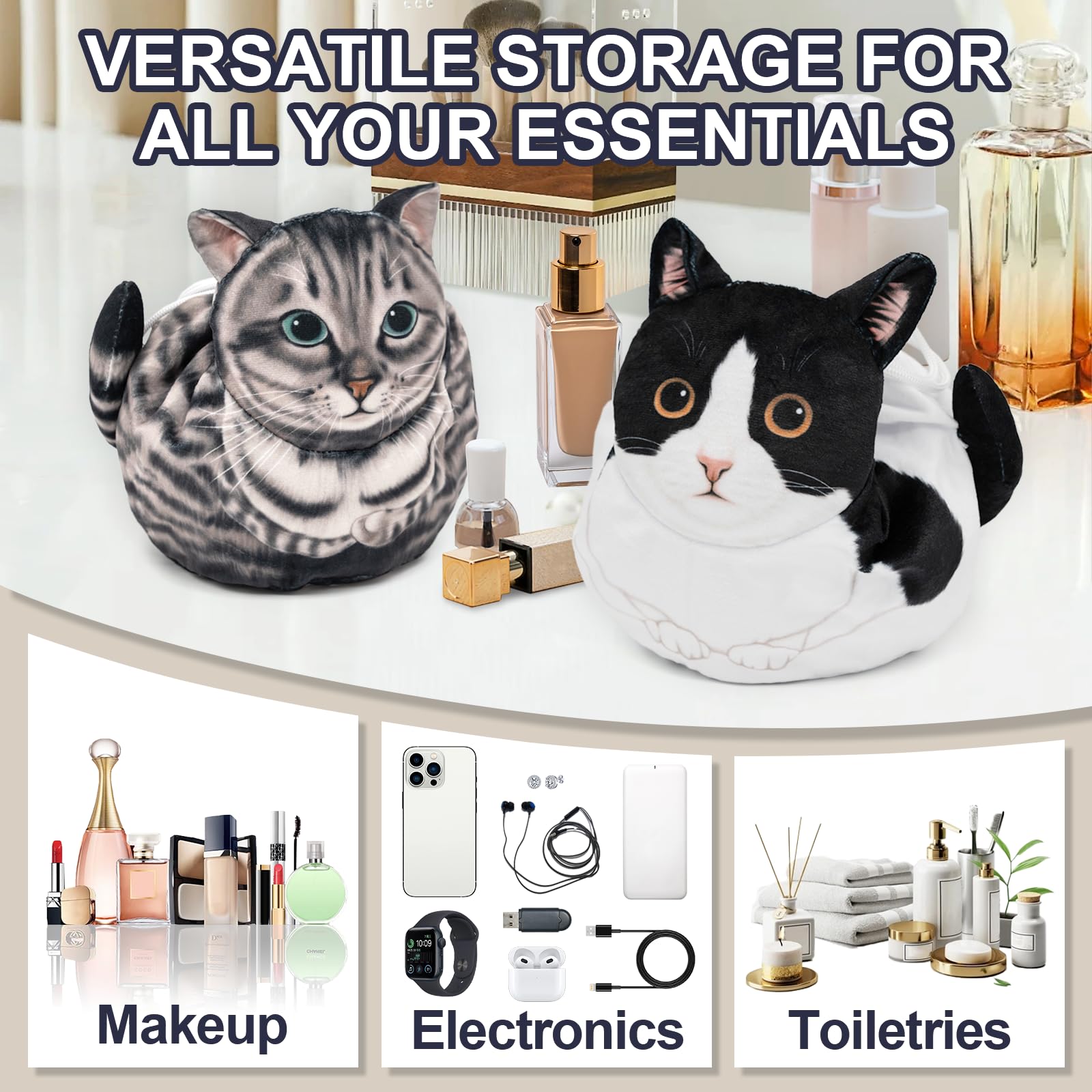 GKIOYRO Drawstring Makeup Bag, Cute Cat Travel Makeup Bag Gifts for Women Large Cosmetic Bag for Women Travel Toiletry Bag (Gray Cat) - Image 2