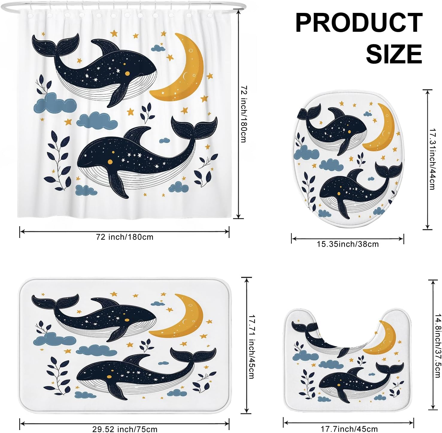 4PCS Kids Fun Whale Bathroom Sets, Bath Accessory with Non-Slip Rug, U Shape and Toilet Lid Cover Mat, Ocean Anime Sealife Bathroom Decor-72''x72''