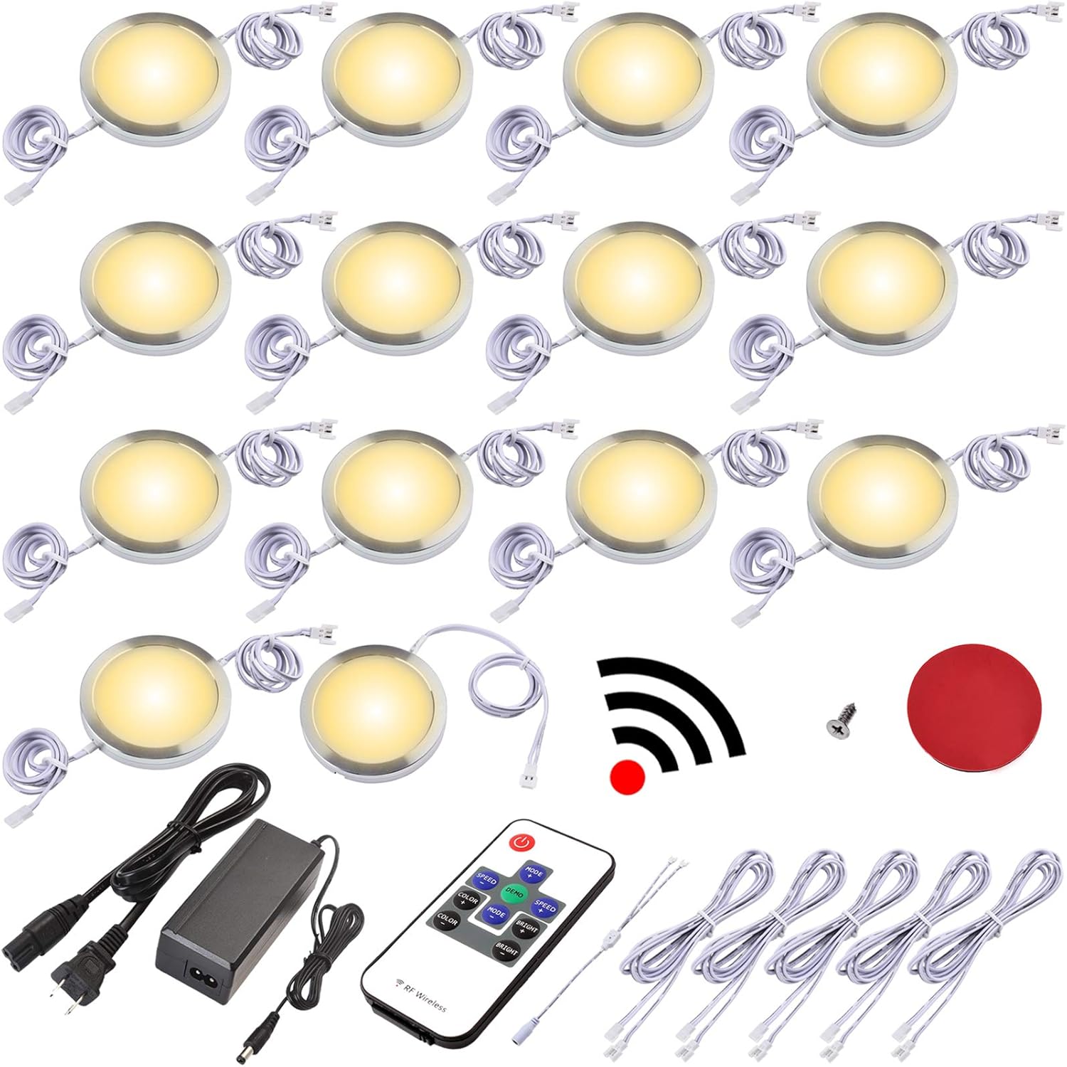 Under Cabinet Lighting Kit, Dimmable Wireless RF Remote Control, Linkable Wired LED Puck Lights, AC120V to DC12V, Hardwired or Wall Plug, 14 Lights & 6 Lights, Warm White